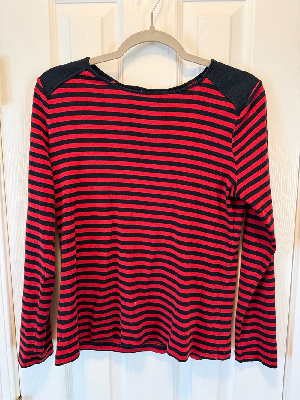 Chaps Red and Black Striped Long-Sleeve Crewneck Top